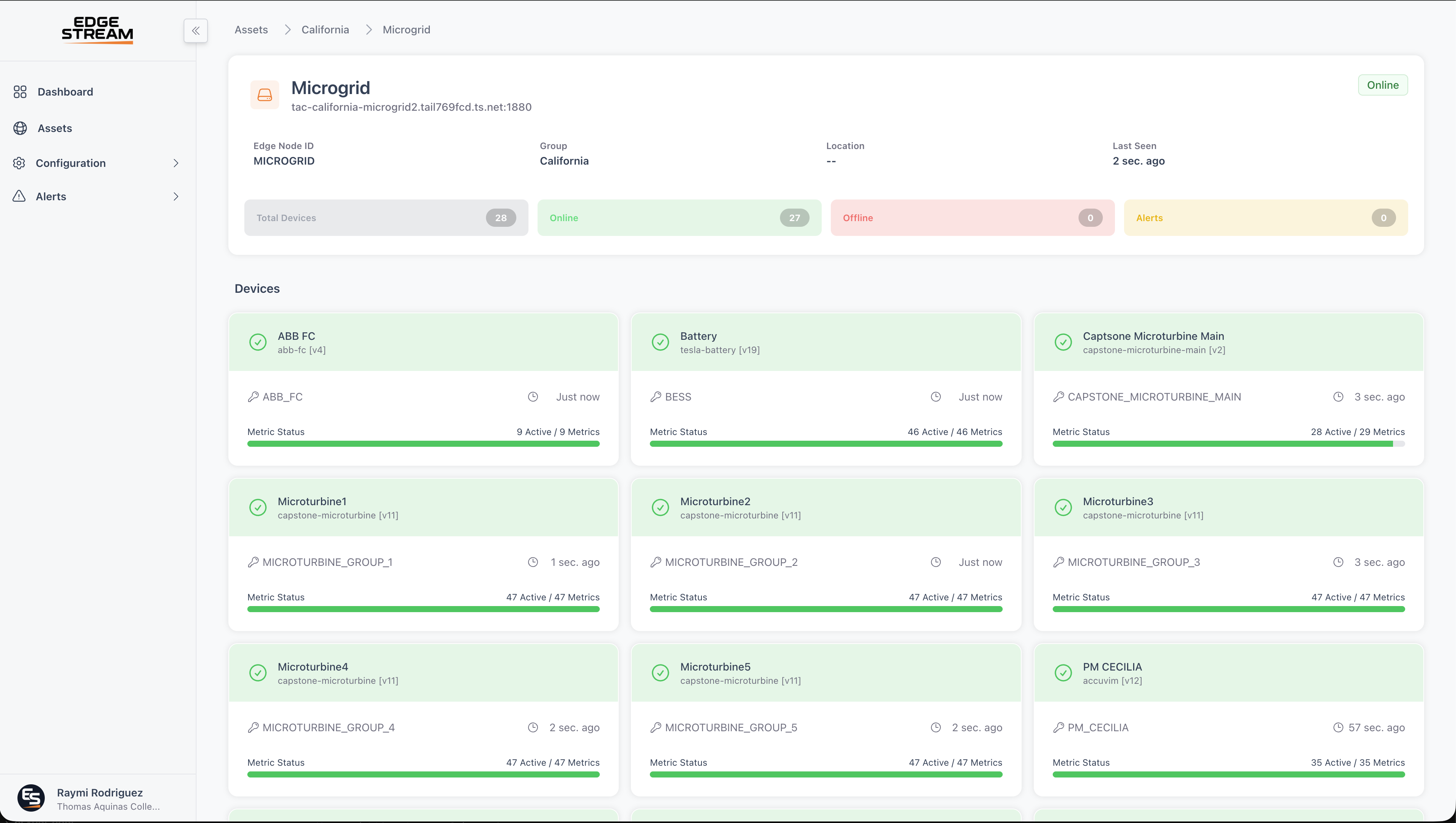 Edge Stream desktop dashboard showing a California microgrid asset view