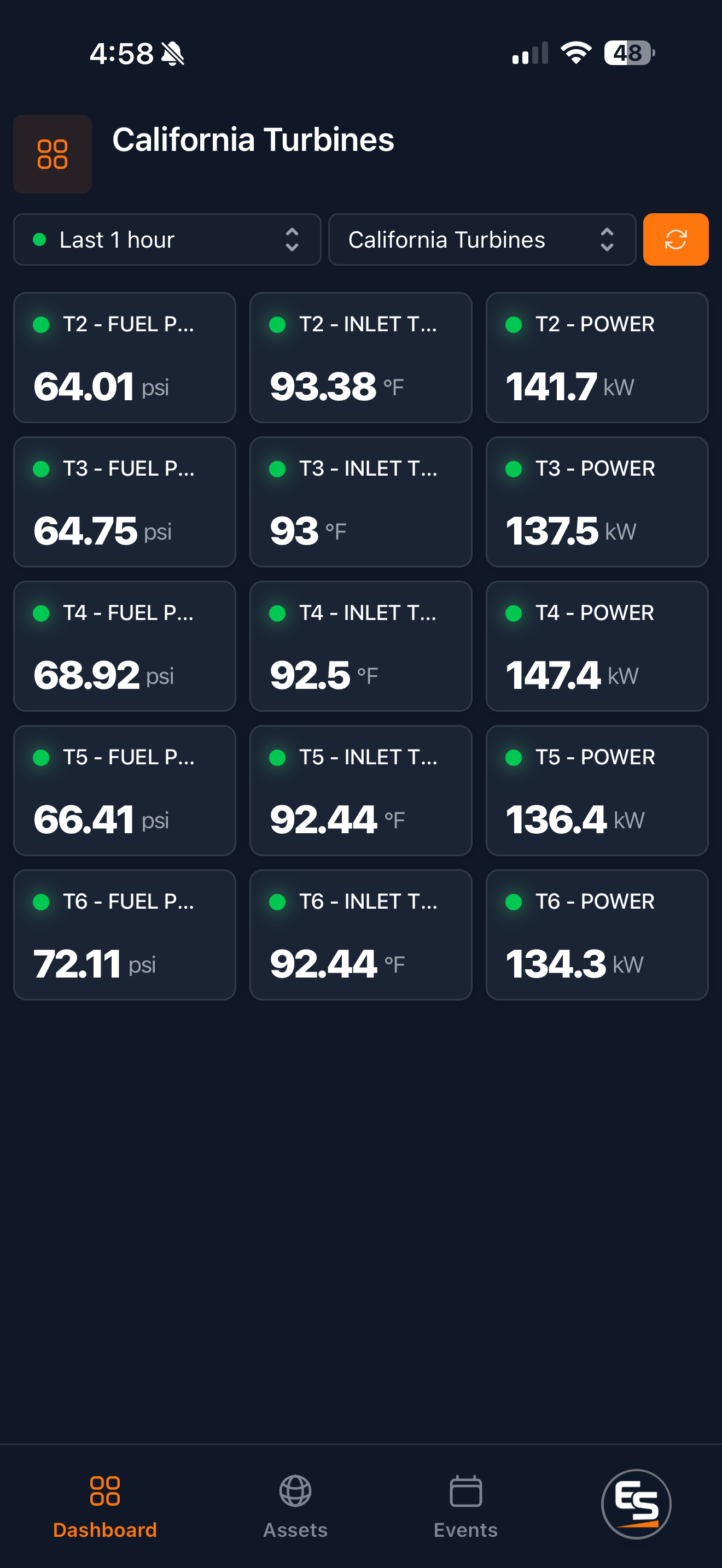 Edge Stream phone view: live turbine tiles