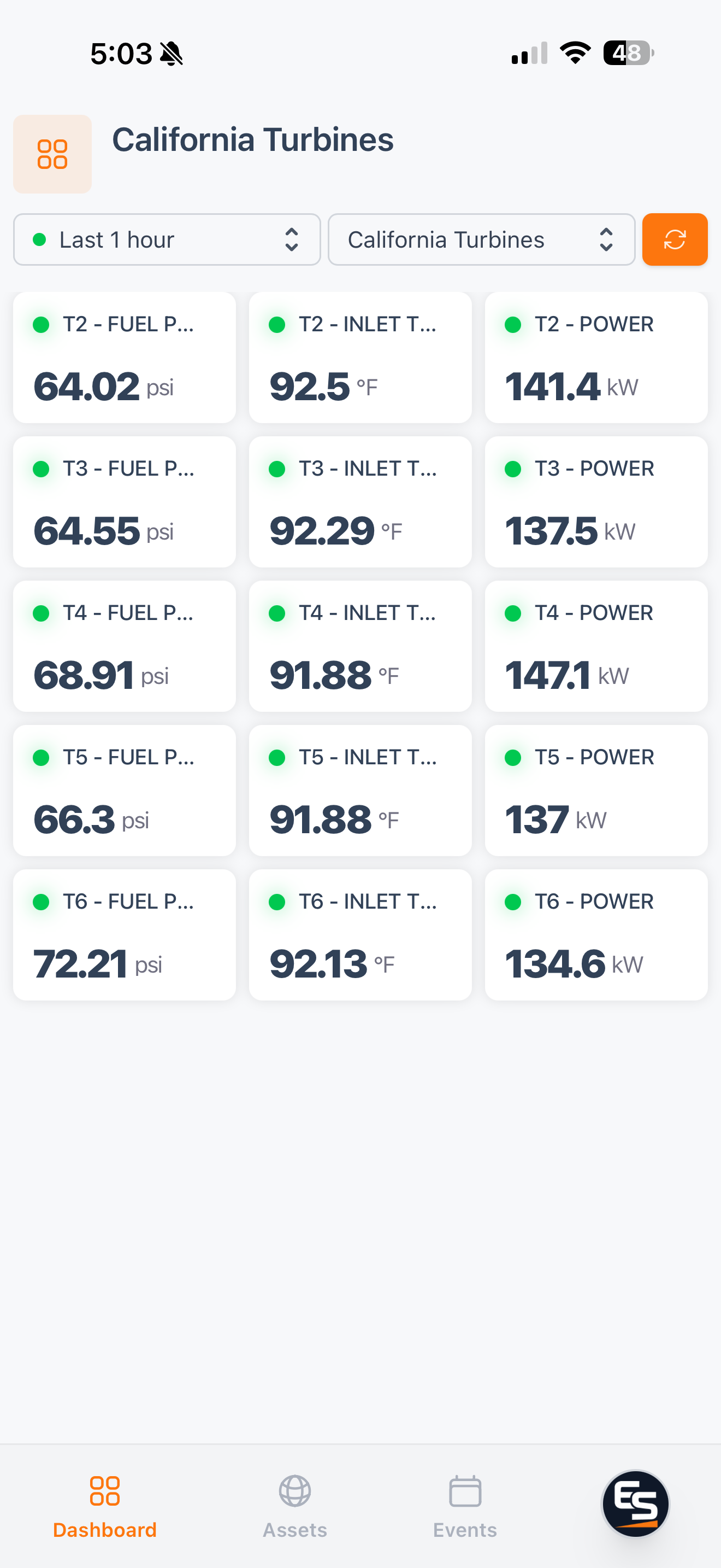 Edge Stream phone view: live turbine tiles